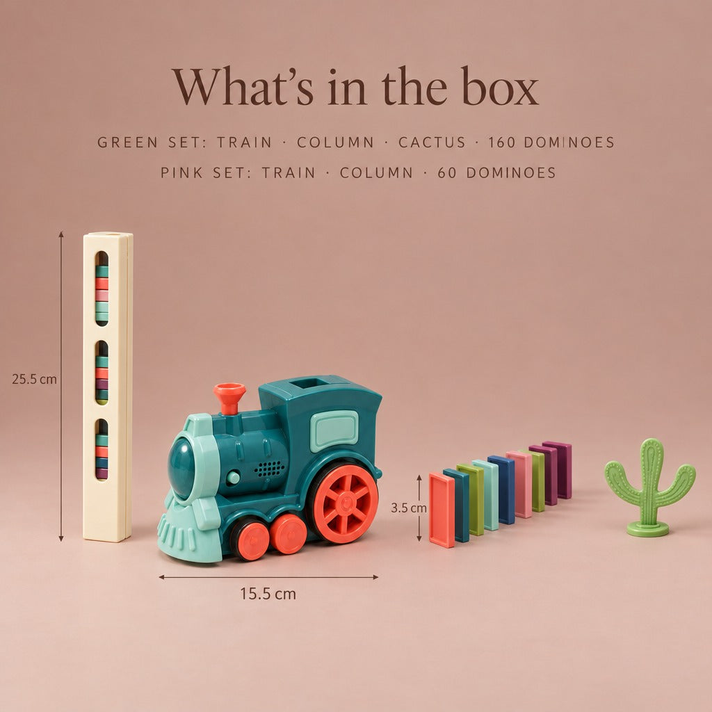 Domino train set contents and sizes: 25.5 cm column, 15.5 cm train, 3.5 cm dominoes, cactus
