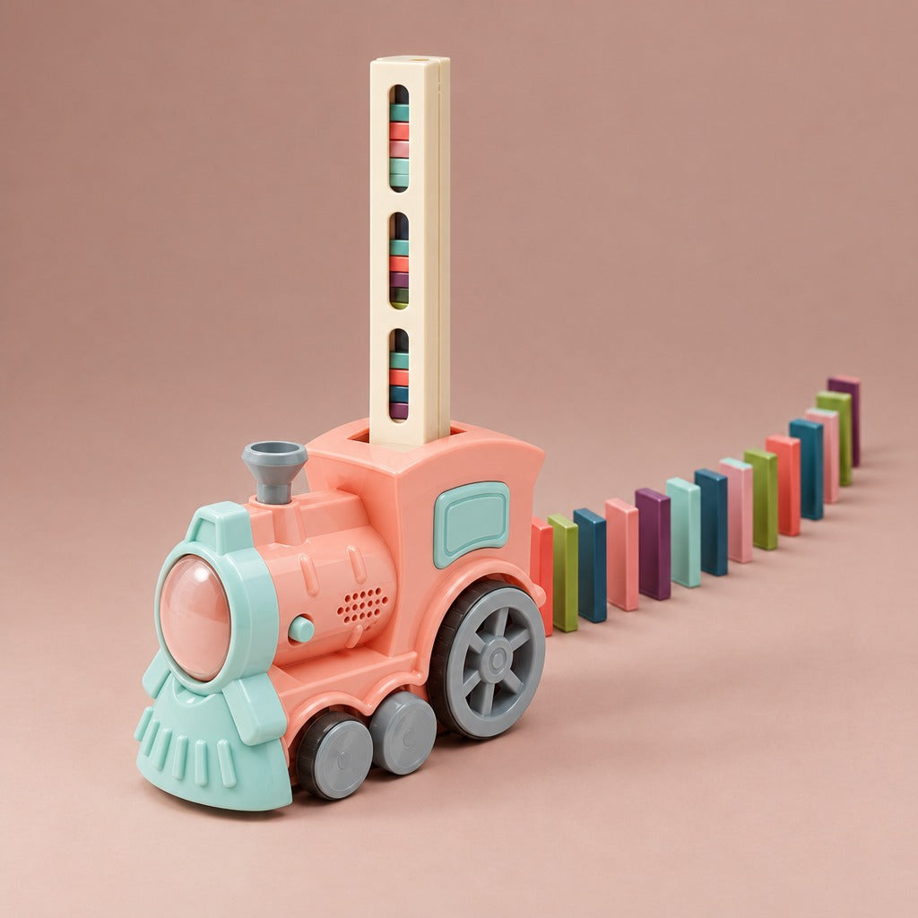 Pink domino train toy with domino column, laying a line of colourful dominoes