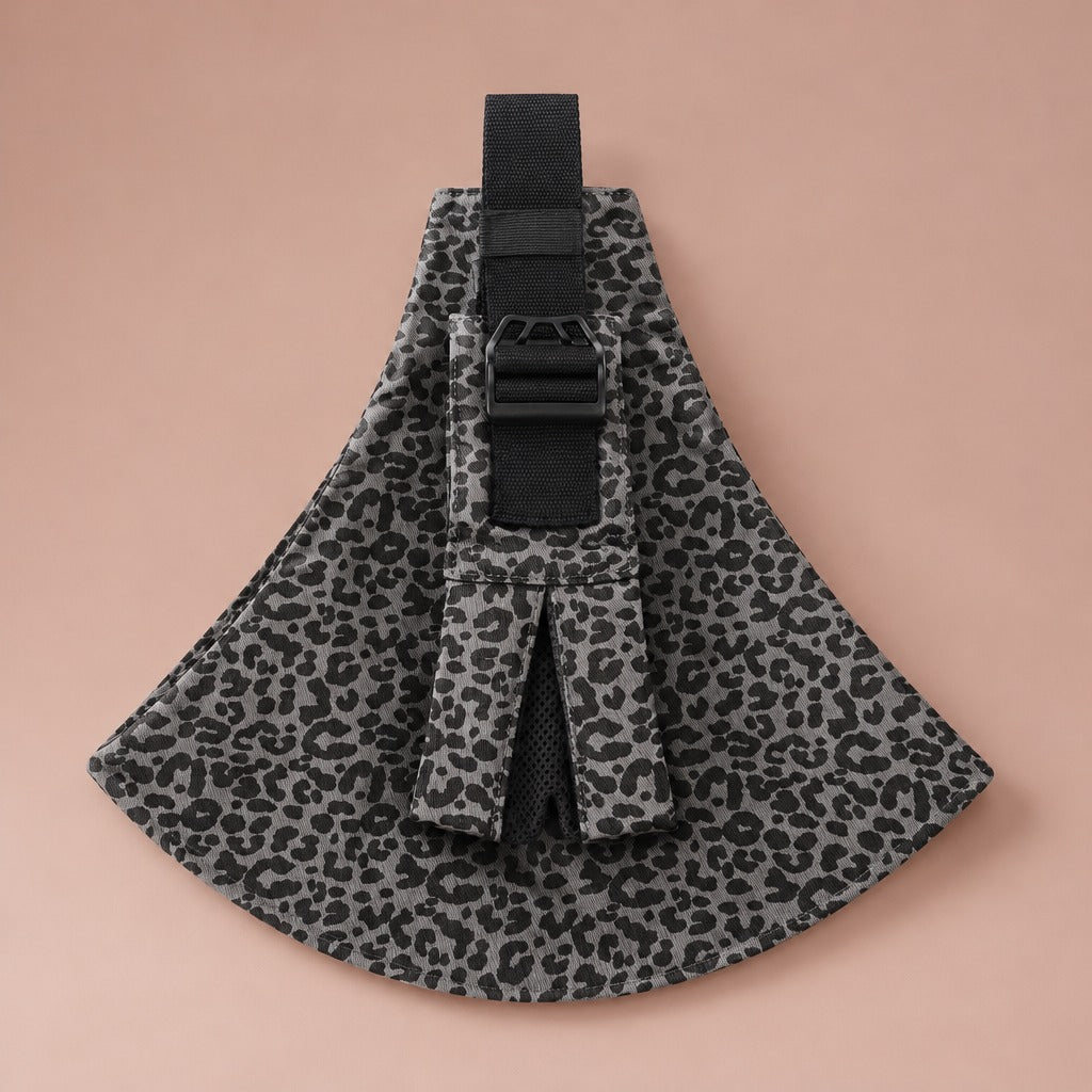 Gray leopard print one-shoulder baby hip sling carrier laid flat