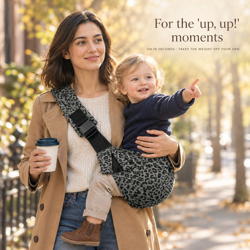 Mother walking in the city with her toddler sitting on her hip in the gray leopard hip sling