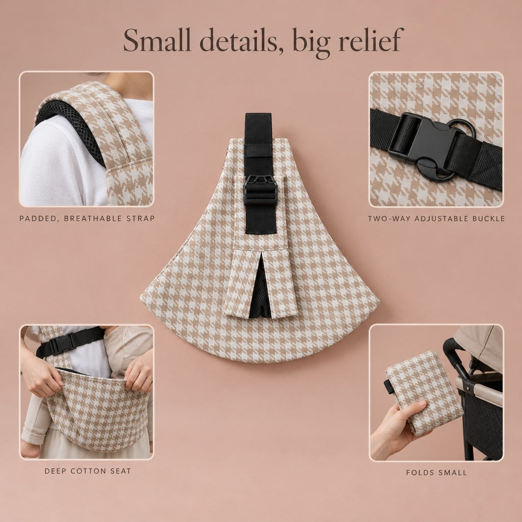 Hip sling details: padded breathable strap, two-way adjustable buckle, deep cotton seat, folds small