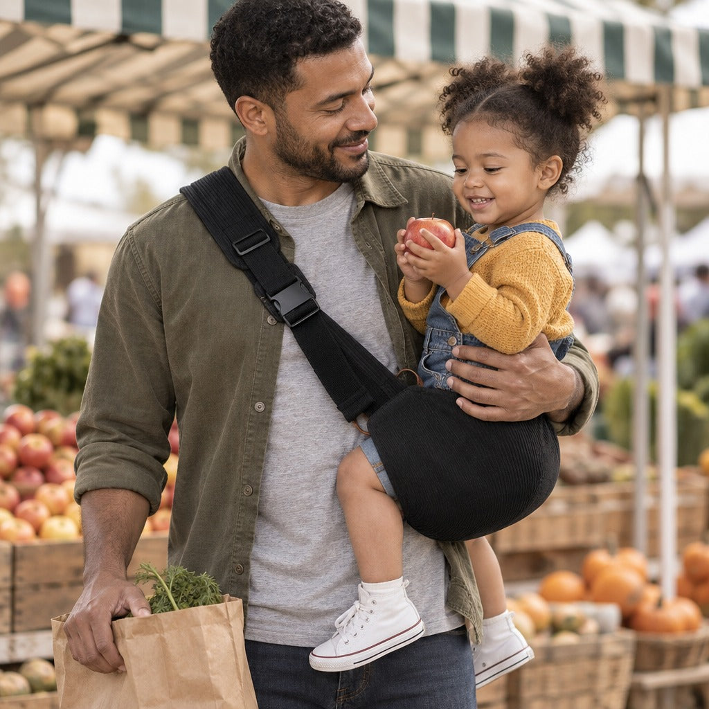 Father at a farmers market carrying his daughter on his hip in the black hip sling