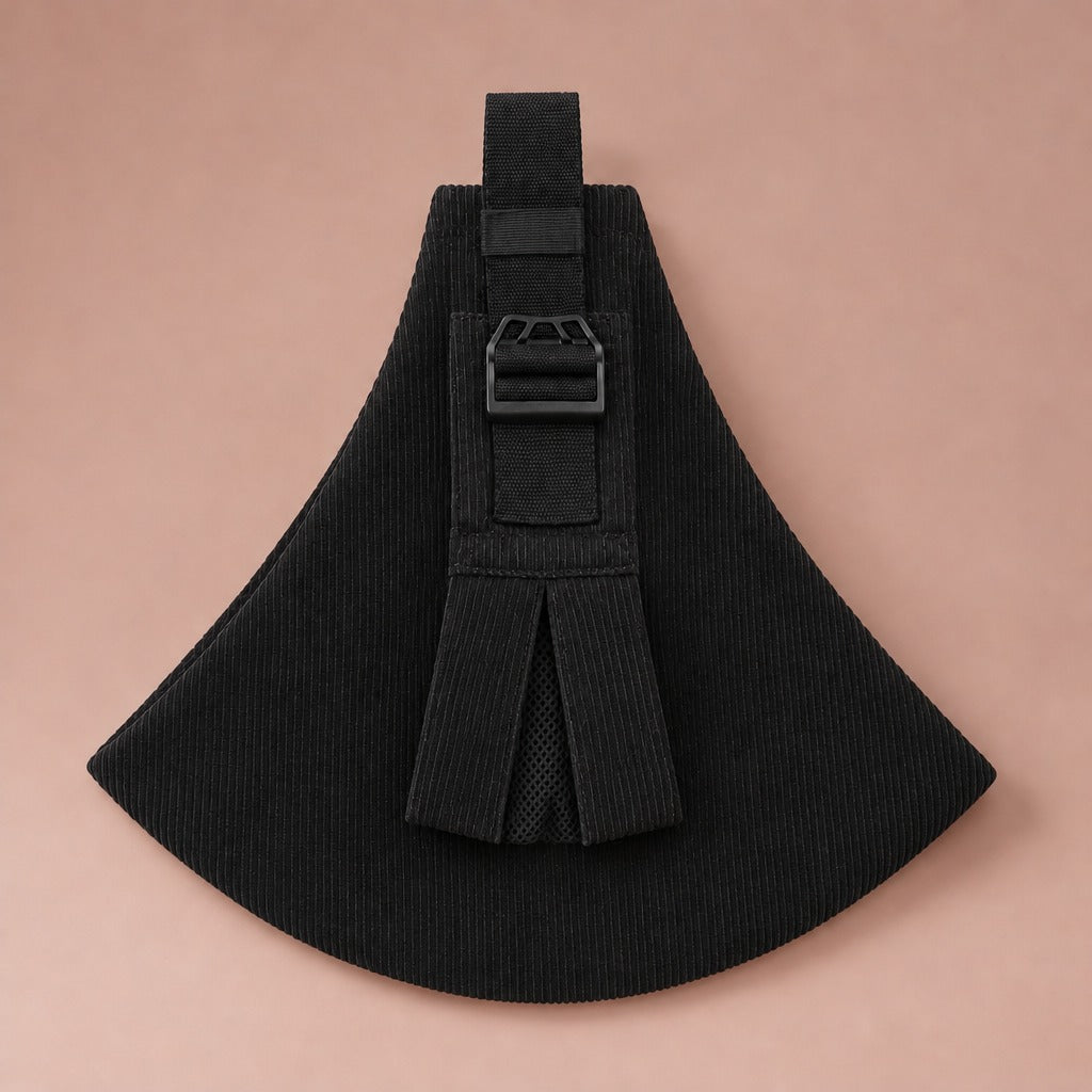 Black one-shoulder baby hip sling carrier laid flat