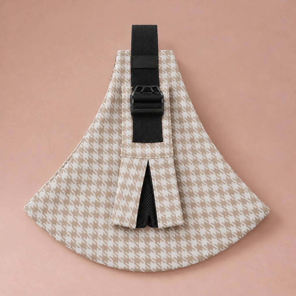 Khaki houndstooth one-shoulder baby hip sling carrier laid flat