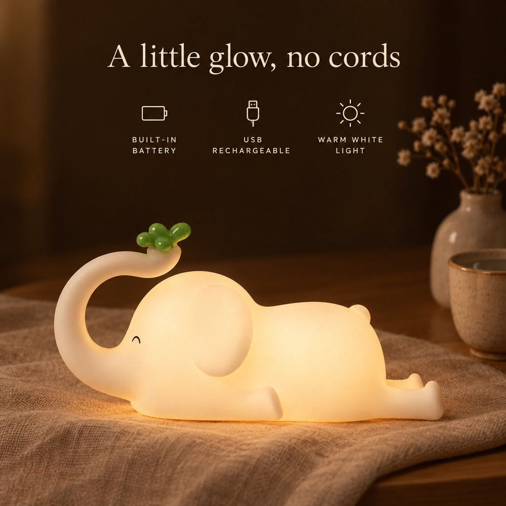 Elephant night light with built-in battery, USB rechargeable, warm white light