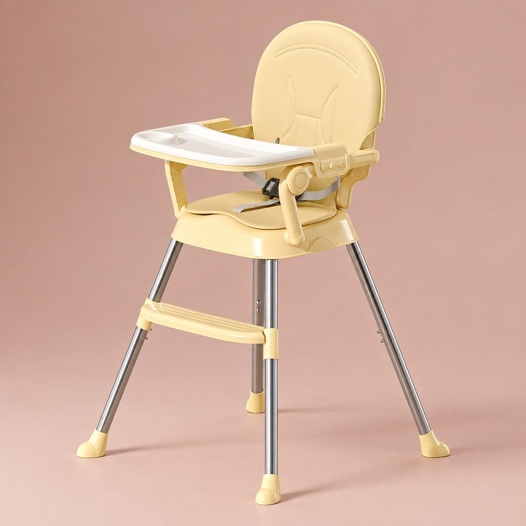 Foldable children's high chair in beige with double tray and cushioned seat