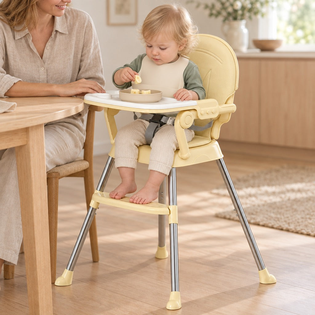 Toddler eating in the high chair at the family table