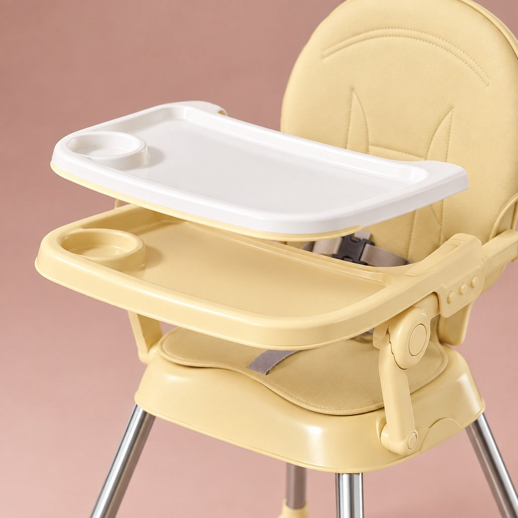 Close-up of the removable double tray on the high chair