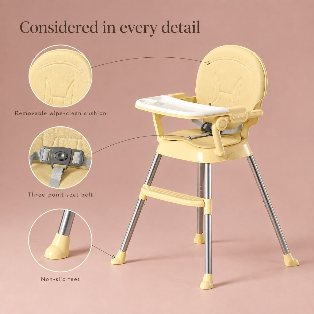 High chair details: removable wipe-clean cushion, three-point seat belt, non-slip feet