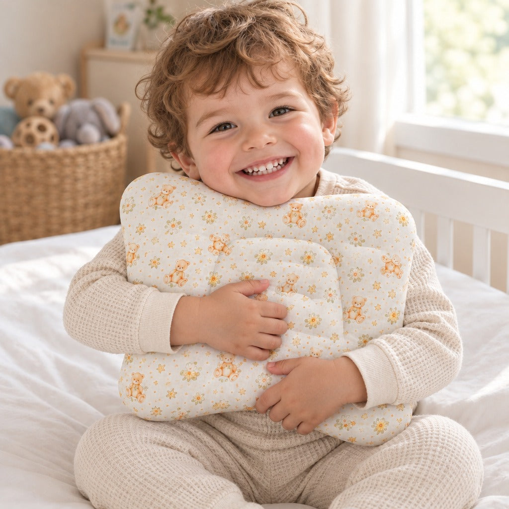 Smiling toddler hugging the low kids pillow in its teddy bear pillowcase