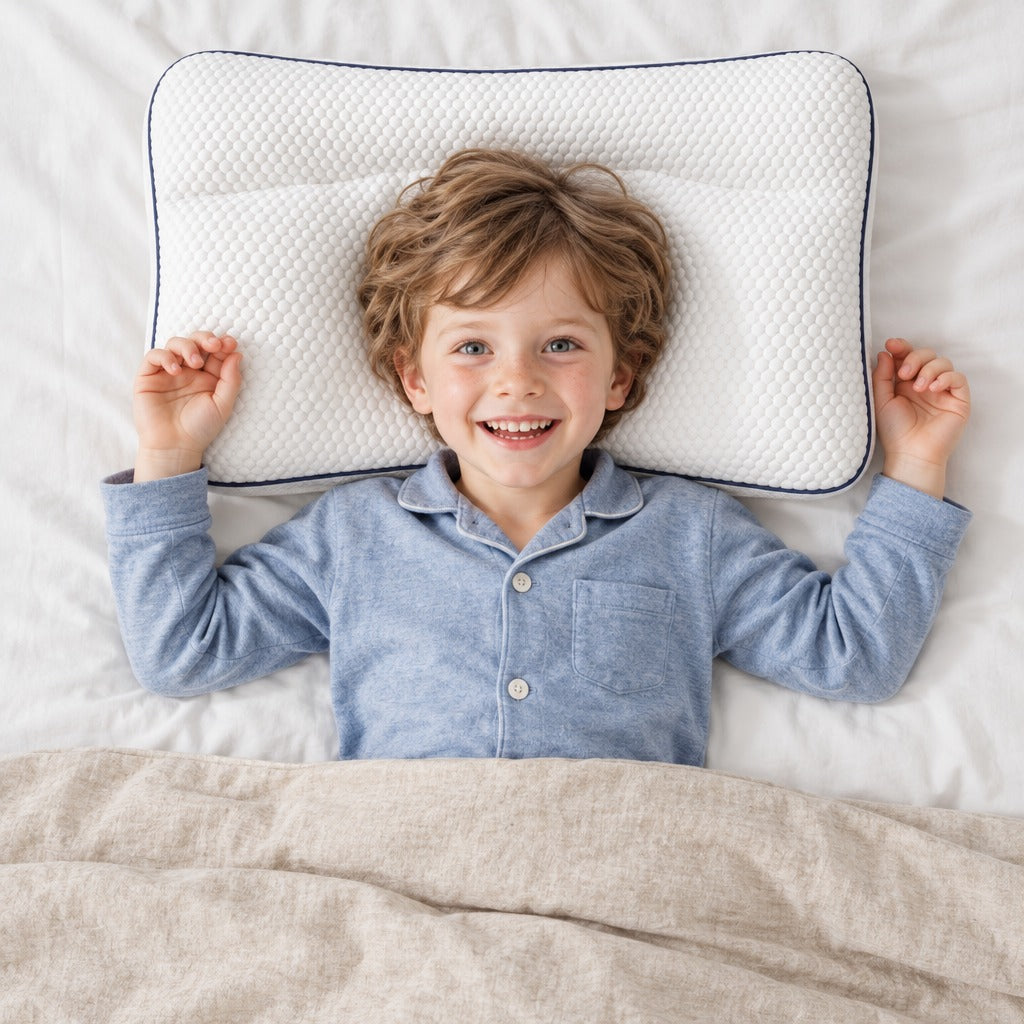 Happy boy lying awake on the white contoured kids pillow, seen from above
