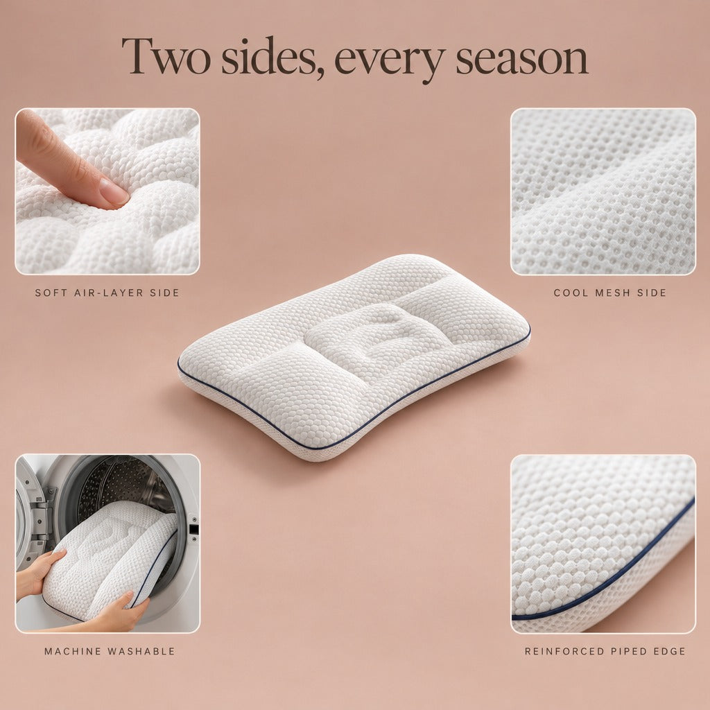 Two sides, every season: soft air-layer side, cool mesh side, machine washable, reinforced piped edge