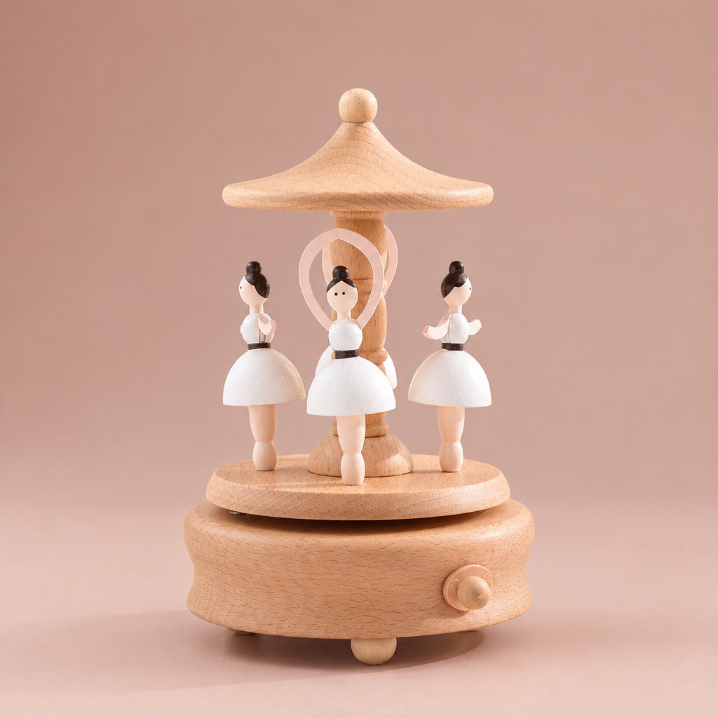 Beech wood wind-up music box with three ballerinas under a wooden parasol