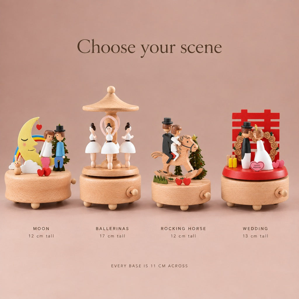 Four music box scenes: Moon, Ballerinas, Rocking Horse and Wedding, every base 11 cm across