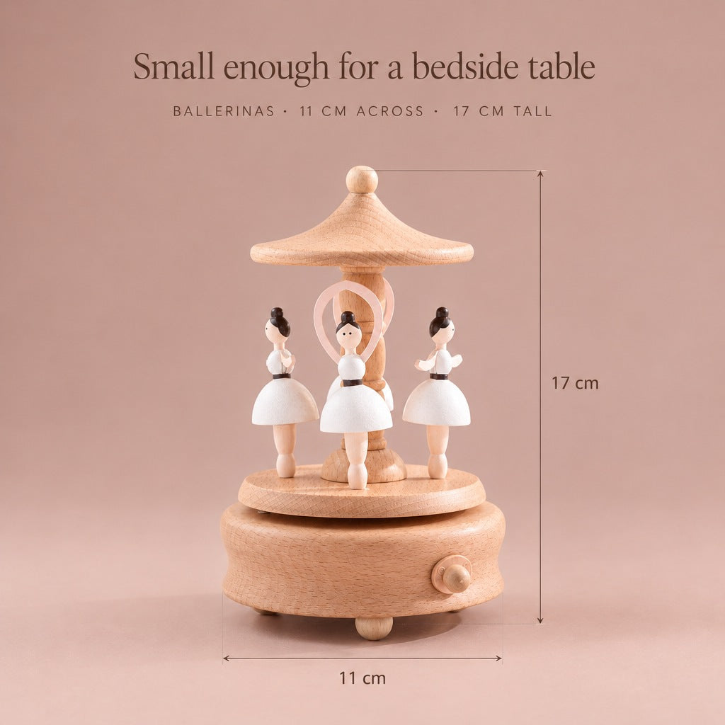 Ballerina music box size: 11 cm across, 17 cm tall
