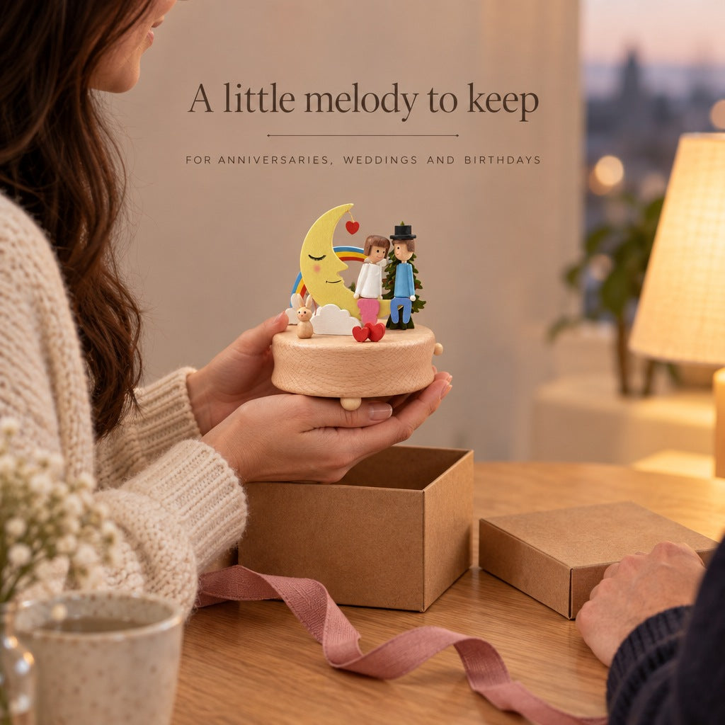 Moon music box lifted out of a gift box - a keepsake for anniversaries, weddings and birthdays