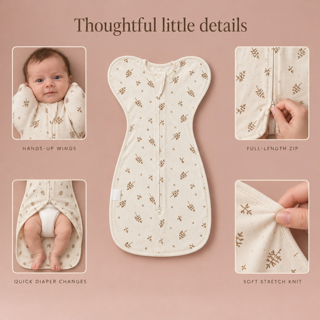 Petal Swaddle details: hands-up wings, full-length zip, quick diaper changes, soft stretch knit