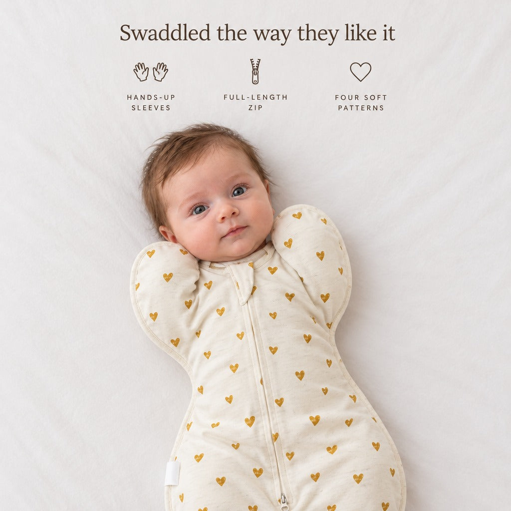 Swaddled the way they like it: hands-up sleeves, full-length zip, four soft patterns