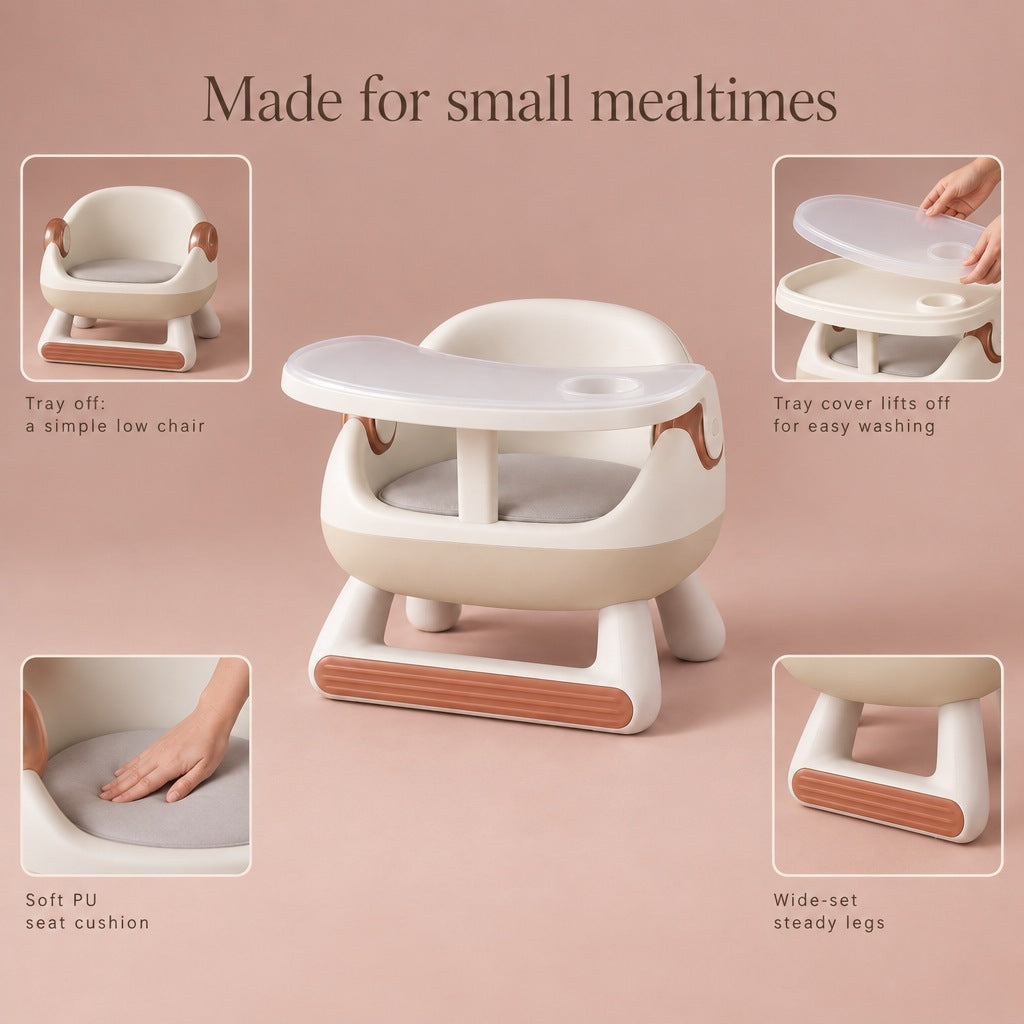 Toddler low chair features: tray comes off, tray cover lifts off for washing, soft PU seat cushion, wide-set legs
