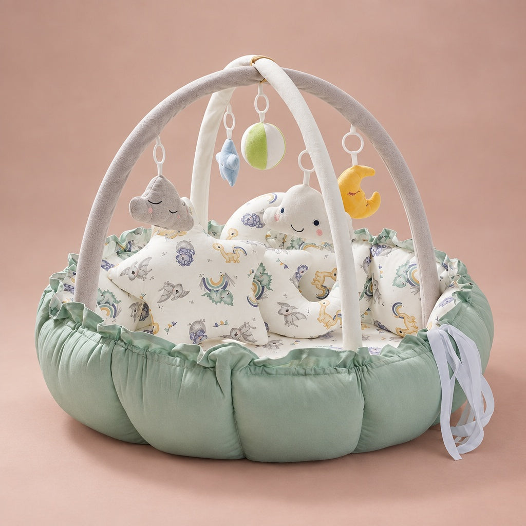 Baby play gym nest in matcha green with padded play arch, five hanging plush toys and star and moon pillows