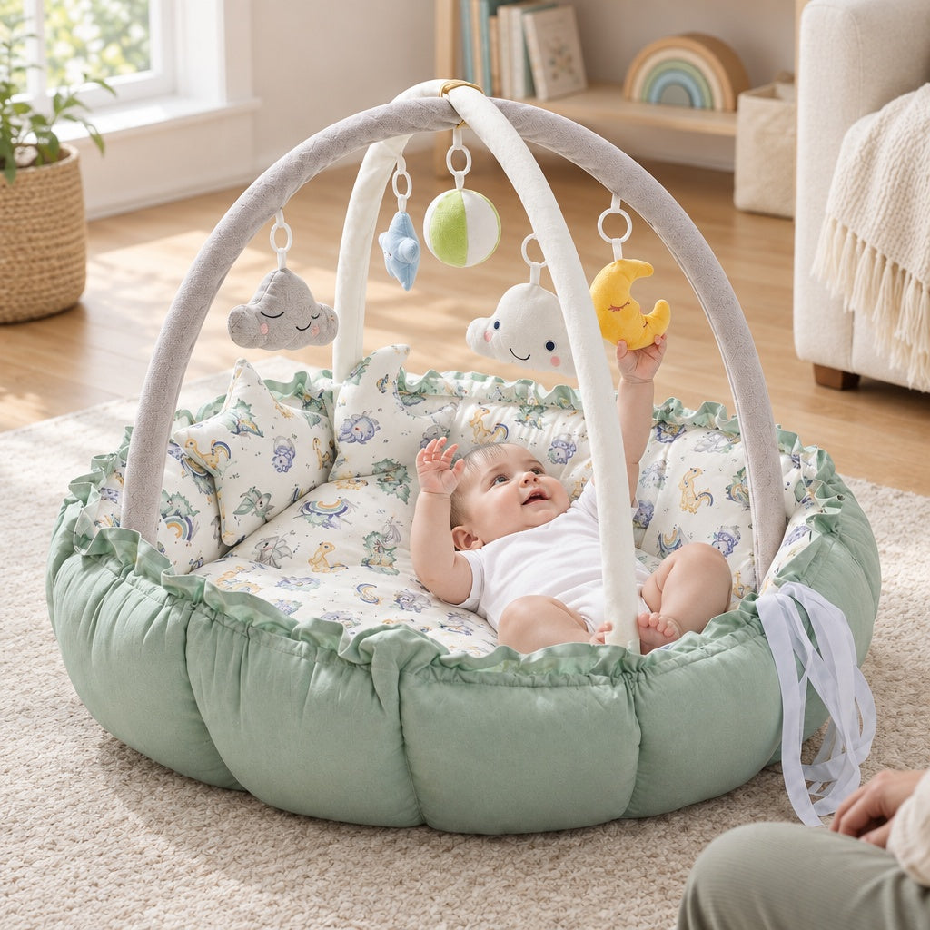 Baby lying awake in the play gym nest reaching for a hanging moon toy while a parent sits nearby