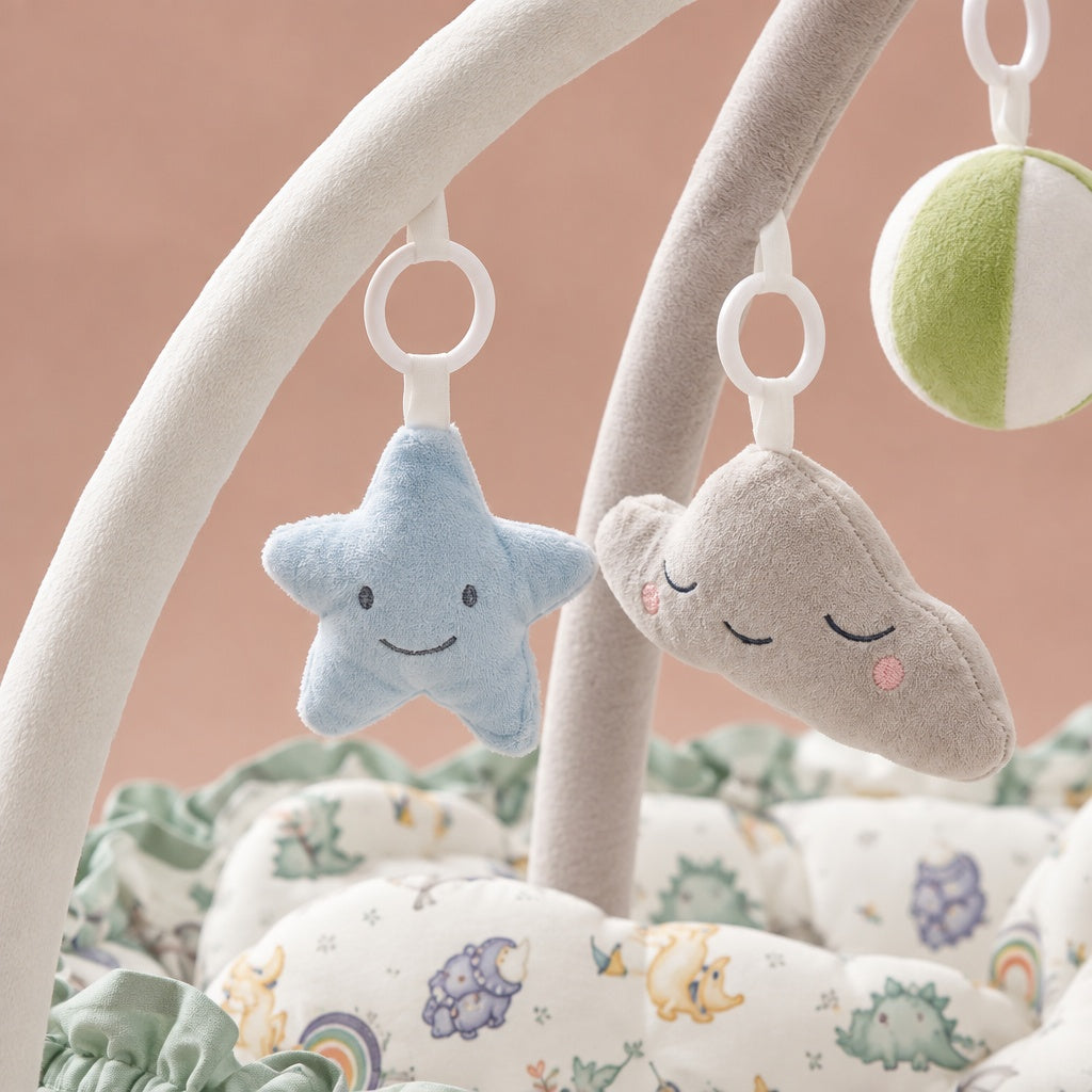 Close-up of the soft hanging star and cloud toys with embroidered faces on the play arch