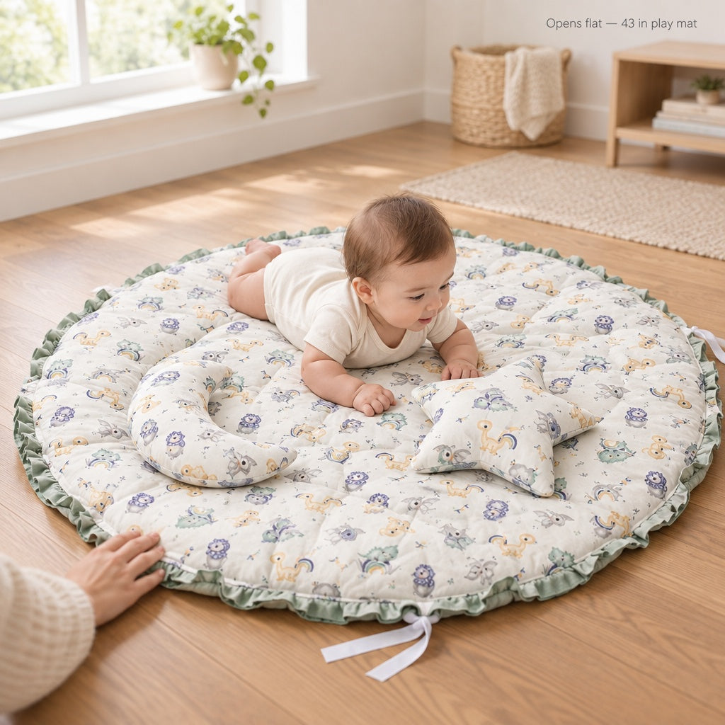 Play nest opened flat into a 43 in round play mat with a baby doing tummy time