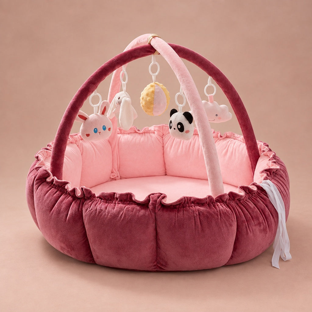 Baby play gym nest in dark red velvet with pink lining, play arch and hanging plush animal toys
