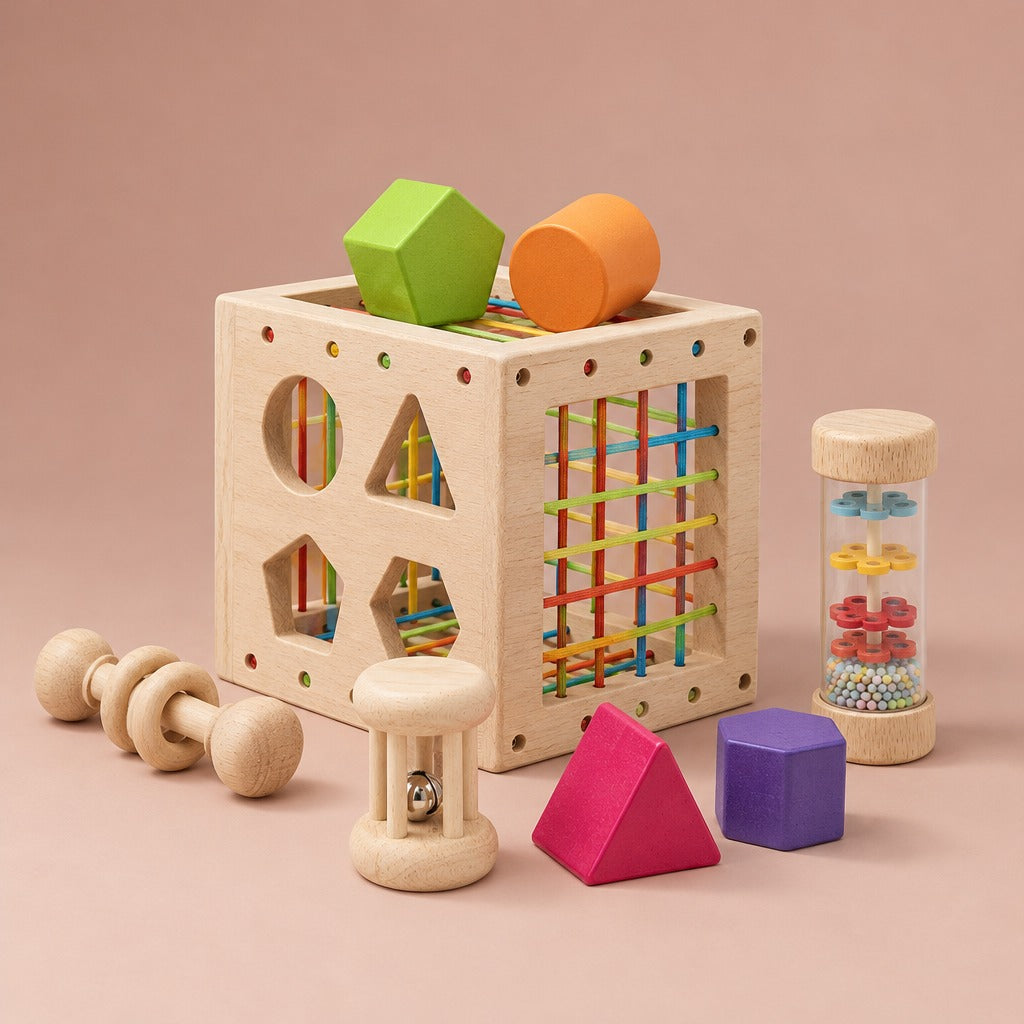 Wooden sensory cube shape sorter with rainbow elastic strings, four shape blocks and three wooden rattles