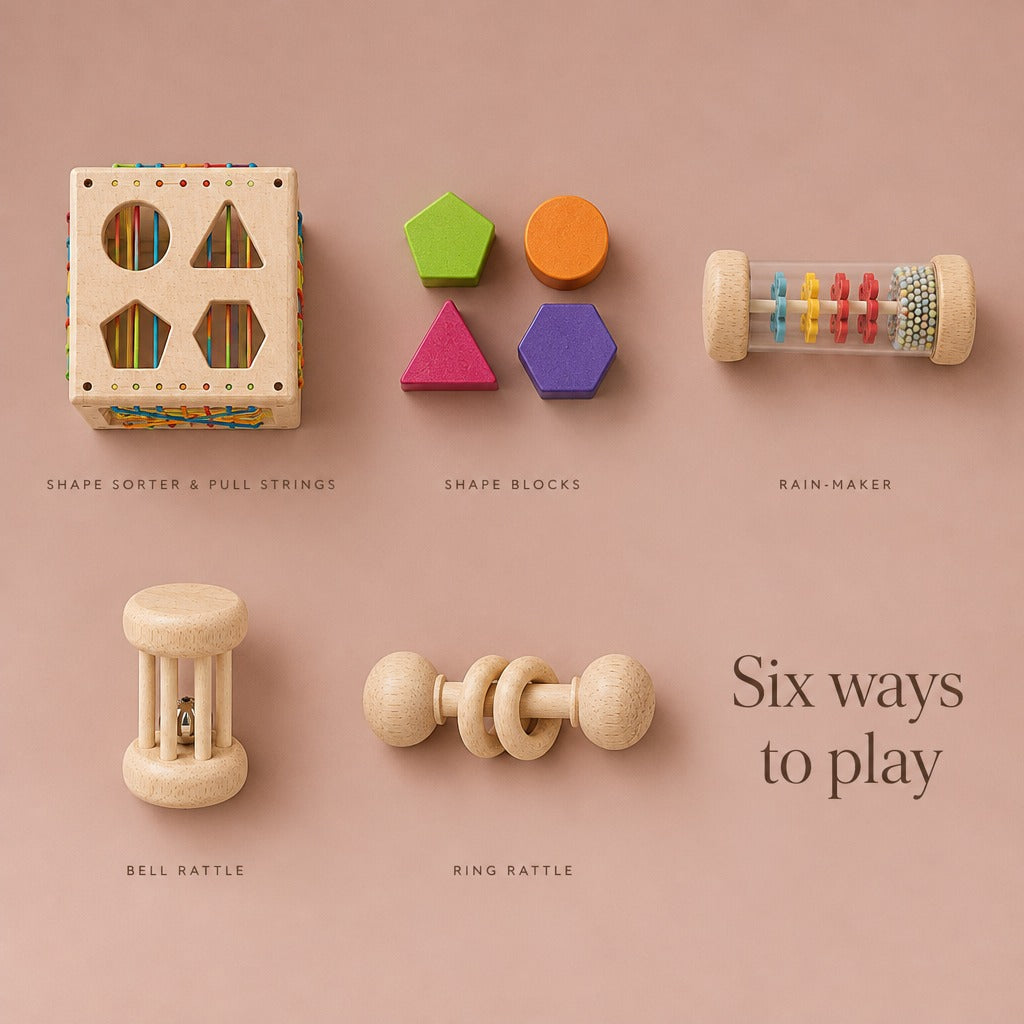 Six ways to play: shape sorter and pull strings, shape blocks, rain-maker, bell rattle, ring rattle