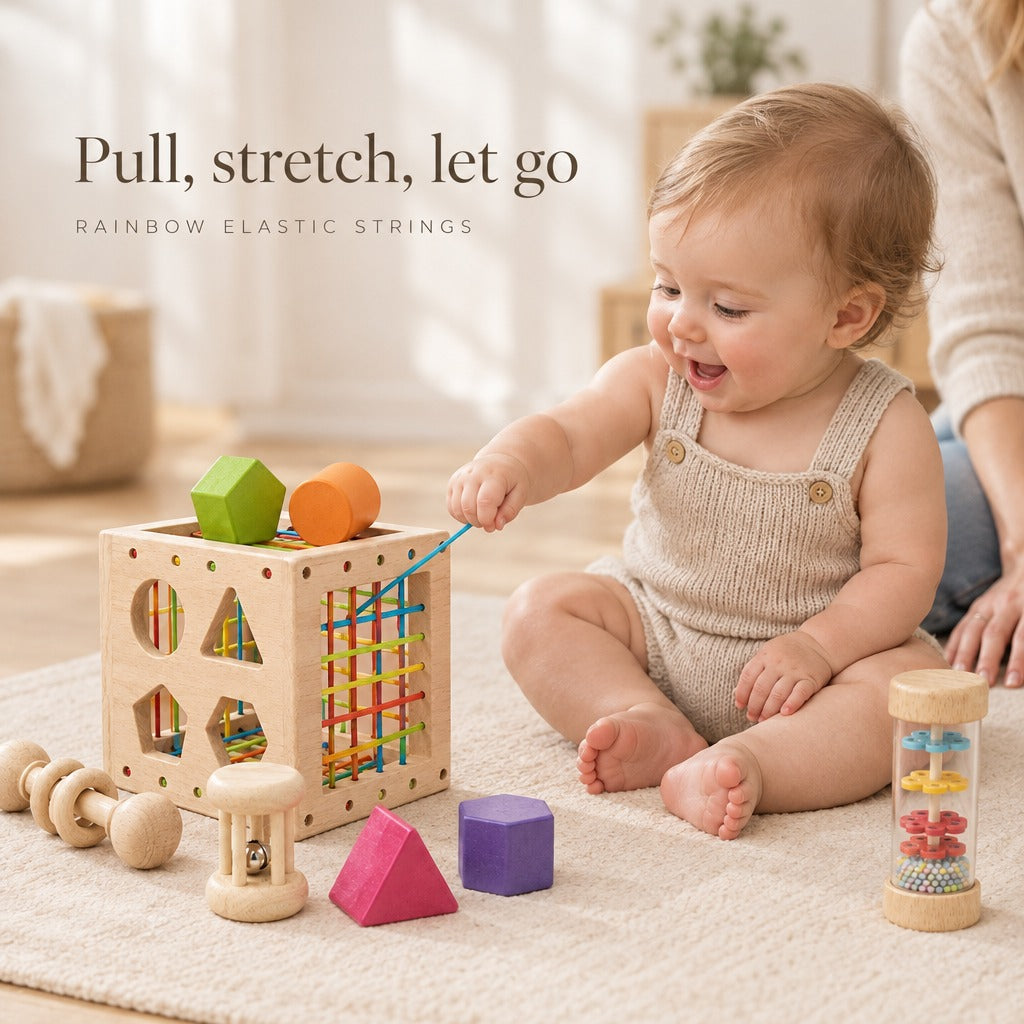 Baby pulling a rainbow elastic string on the wooden sensory cube - pull, stretch, let go