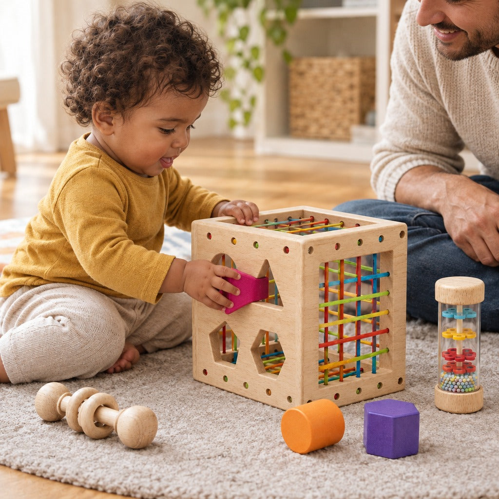 Toddler posting the triangle block into the triangle hole of the wooden shape sorter cube