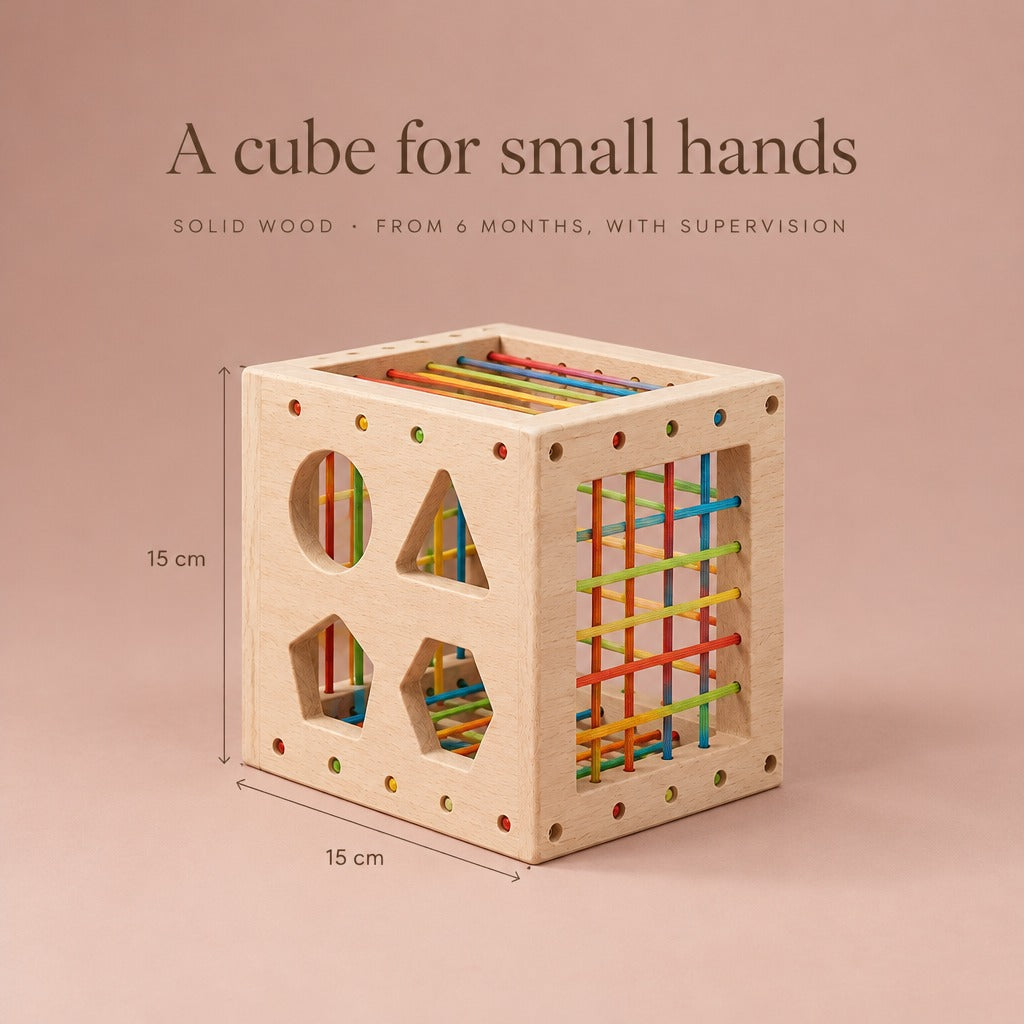 Wooden sensory cube size: 15 x 15 cm, solid wood, from 6 months with supervision
