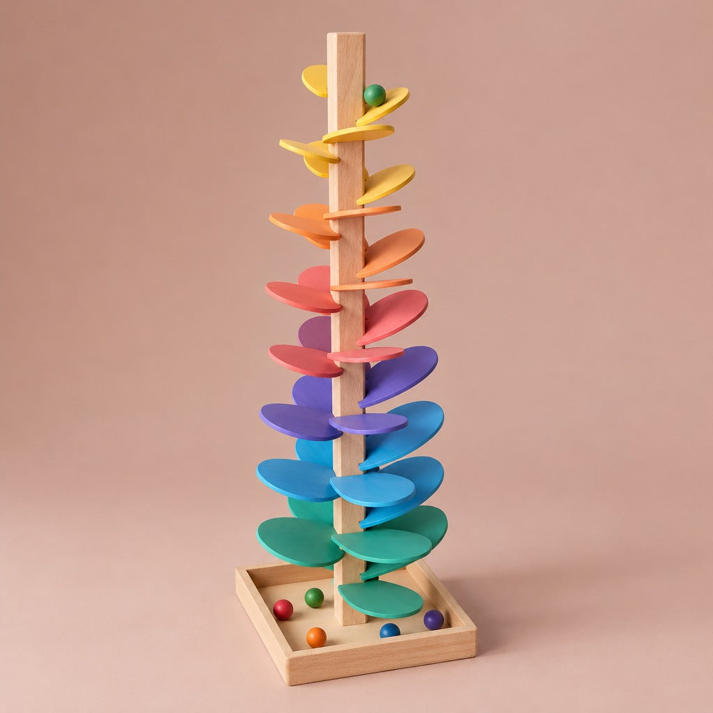 Wooden rainbow marble run music tree with 30 colourful leaves on a square tray with wooden beads