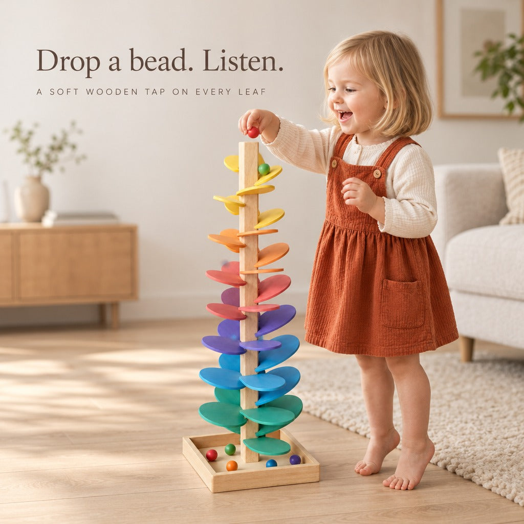 Girl dropping a bead into the rainbow music tree - drop a bead, listen to a soft wooden tap on every leaf