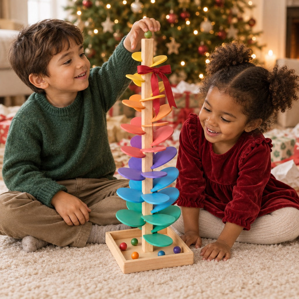 Two children playing with the rainbow marble tree on Christmas morning