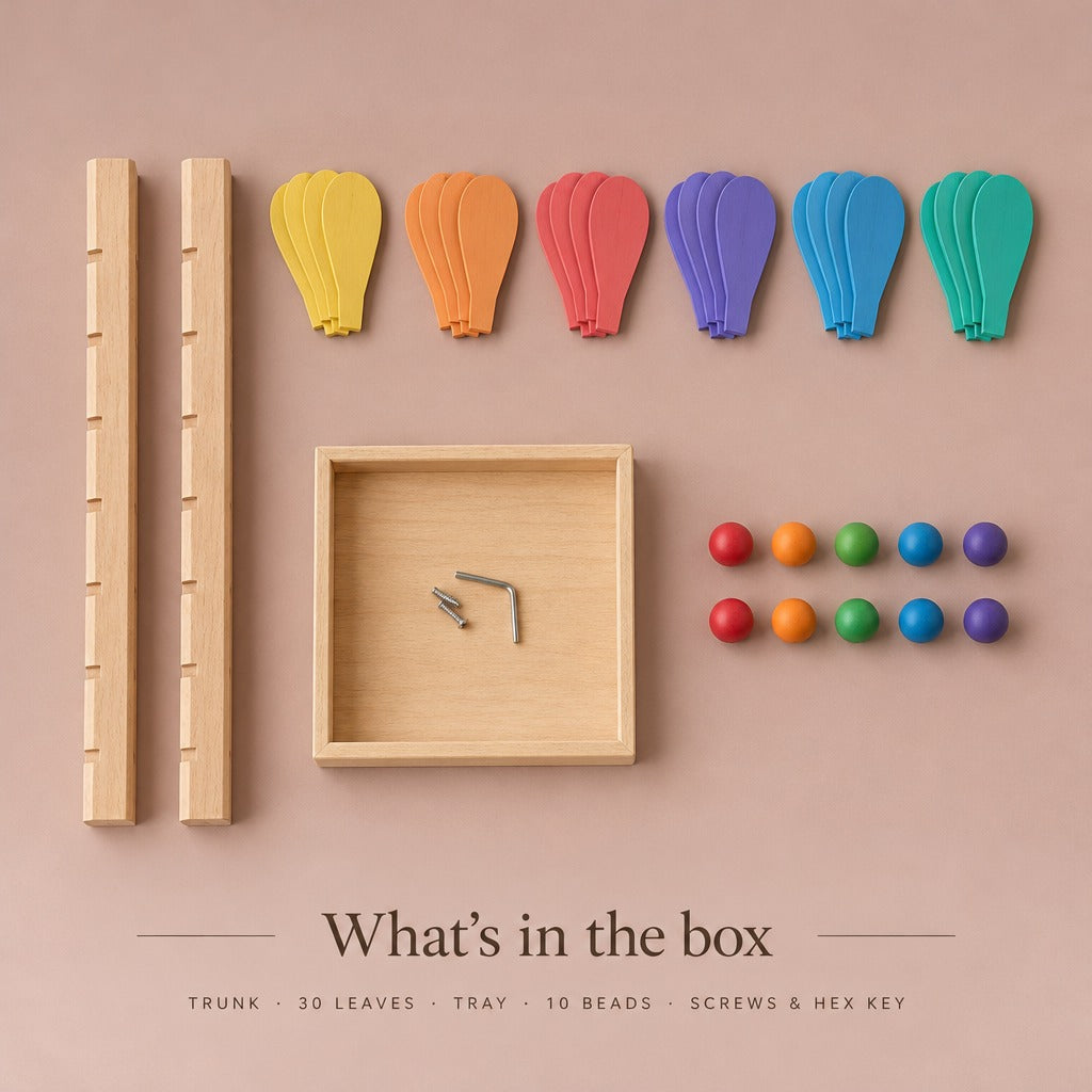 What's in the box: trunk, 30 leaves, tray, 10 beads, screws and hex key