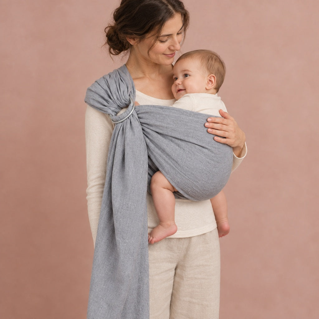 Mother wearing a grey linen-cotton baby ring sling with her baby sitting upright