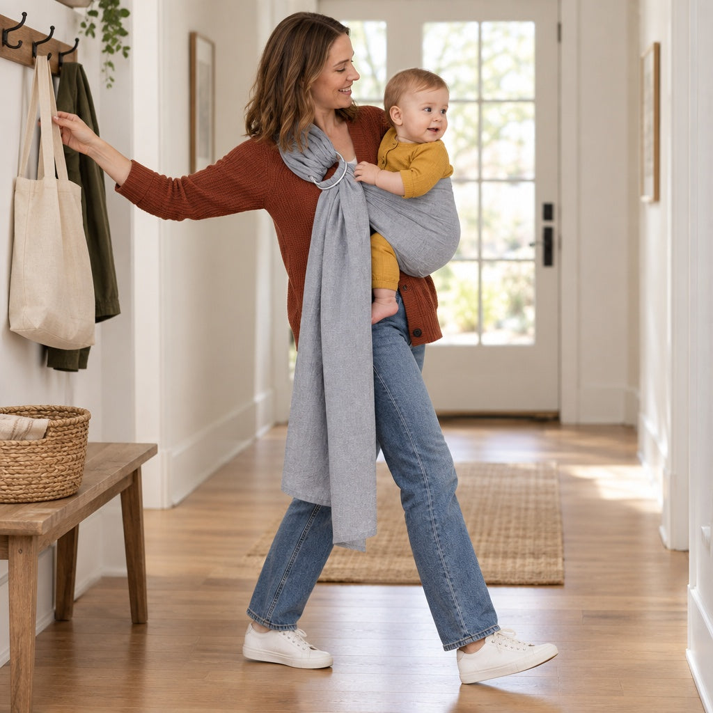Mother walking through a hallway at home with her baby in a grey ring sling