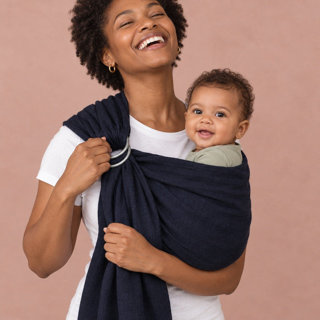 Mother adjusting the rings of a black baby ring sling with her baby in it