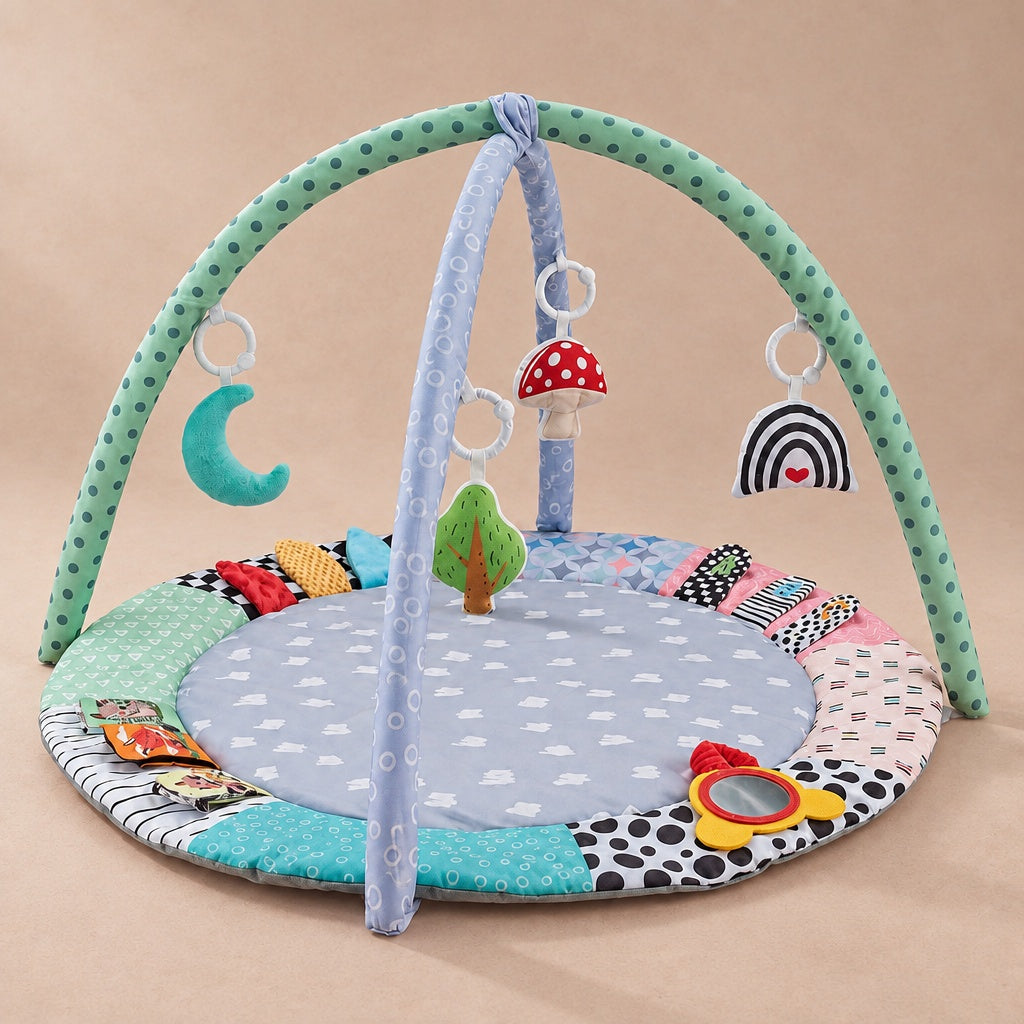 Round baby play gym mat with two padded arches and four hanging toys