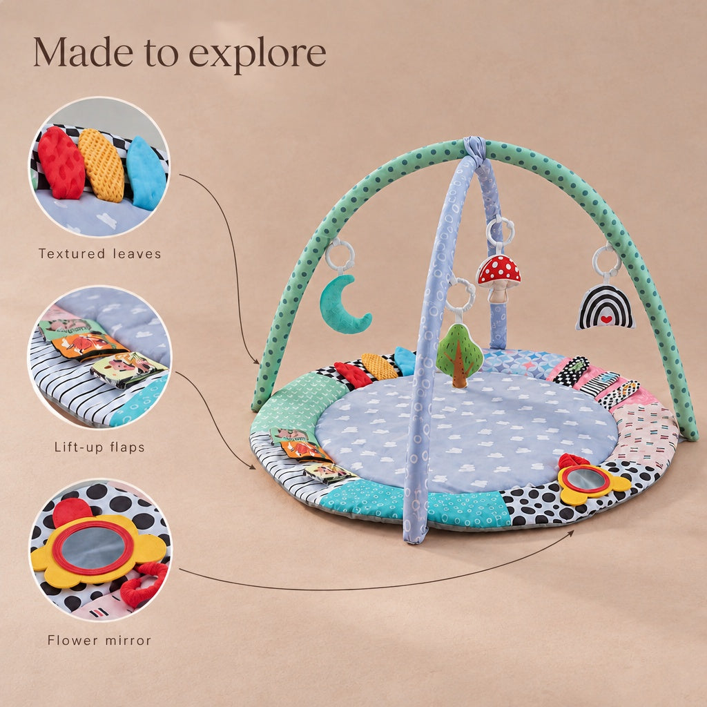 Play gym details: textured leaves, lift-up flaps and flower mirror
