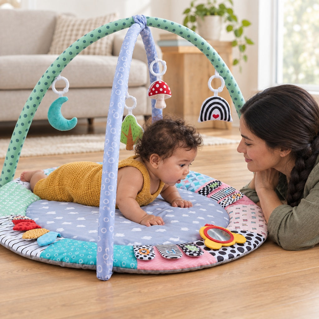 Baby doing tummy time on the play gym mat while mother lies beside it