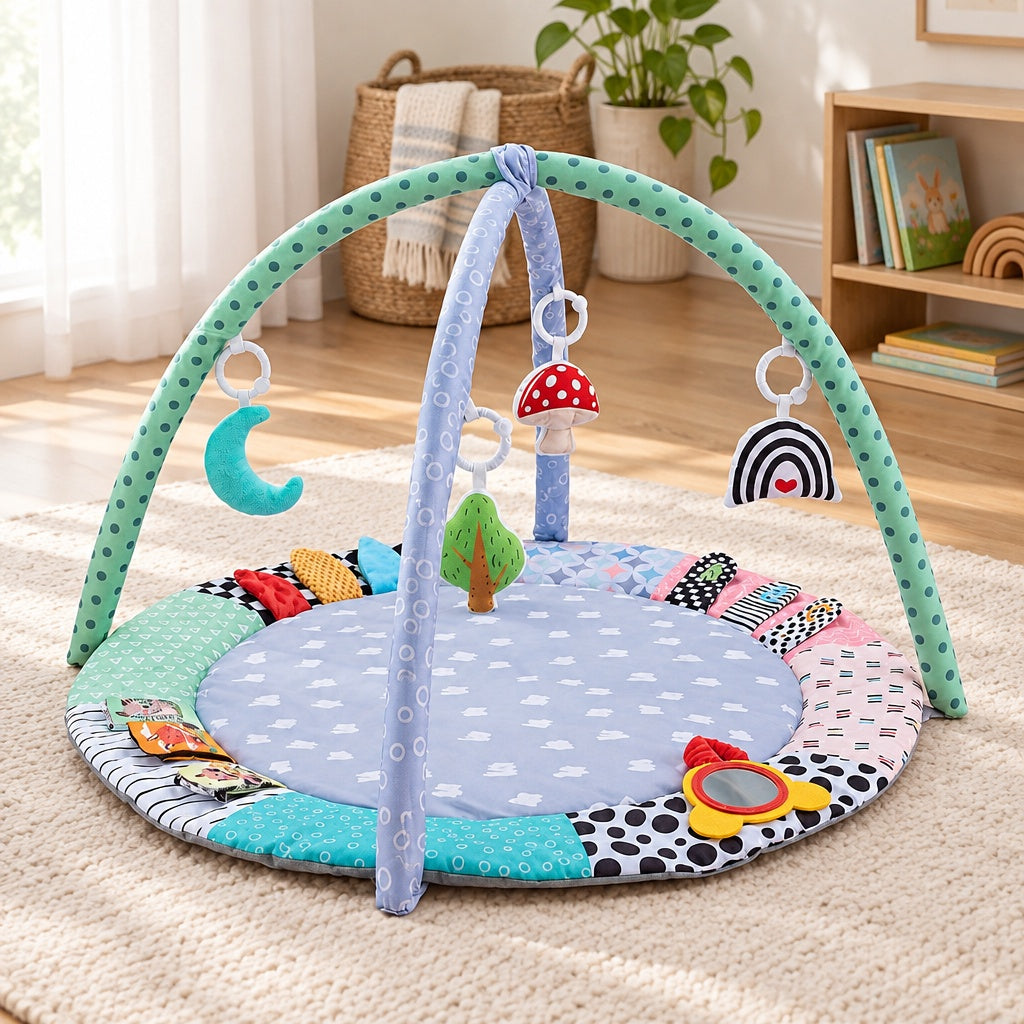 Round play gym mat in a bright nursery