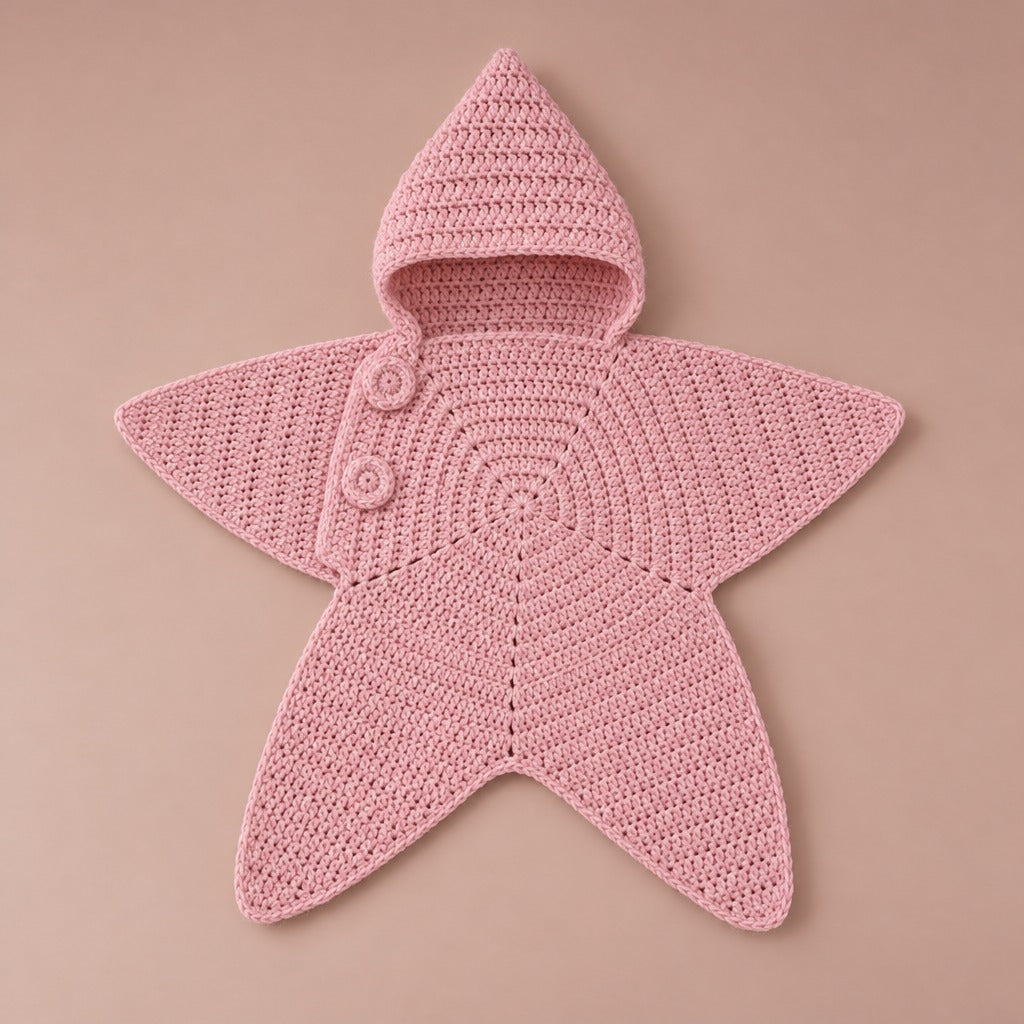 Pink crochet star suit with pointed hood and two buttons, laid flat