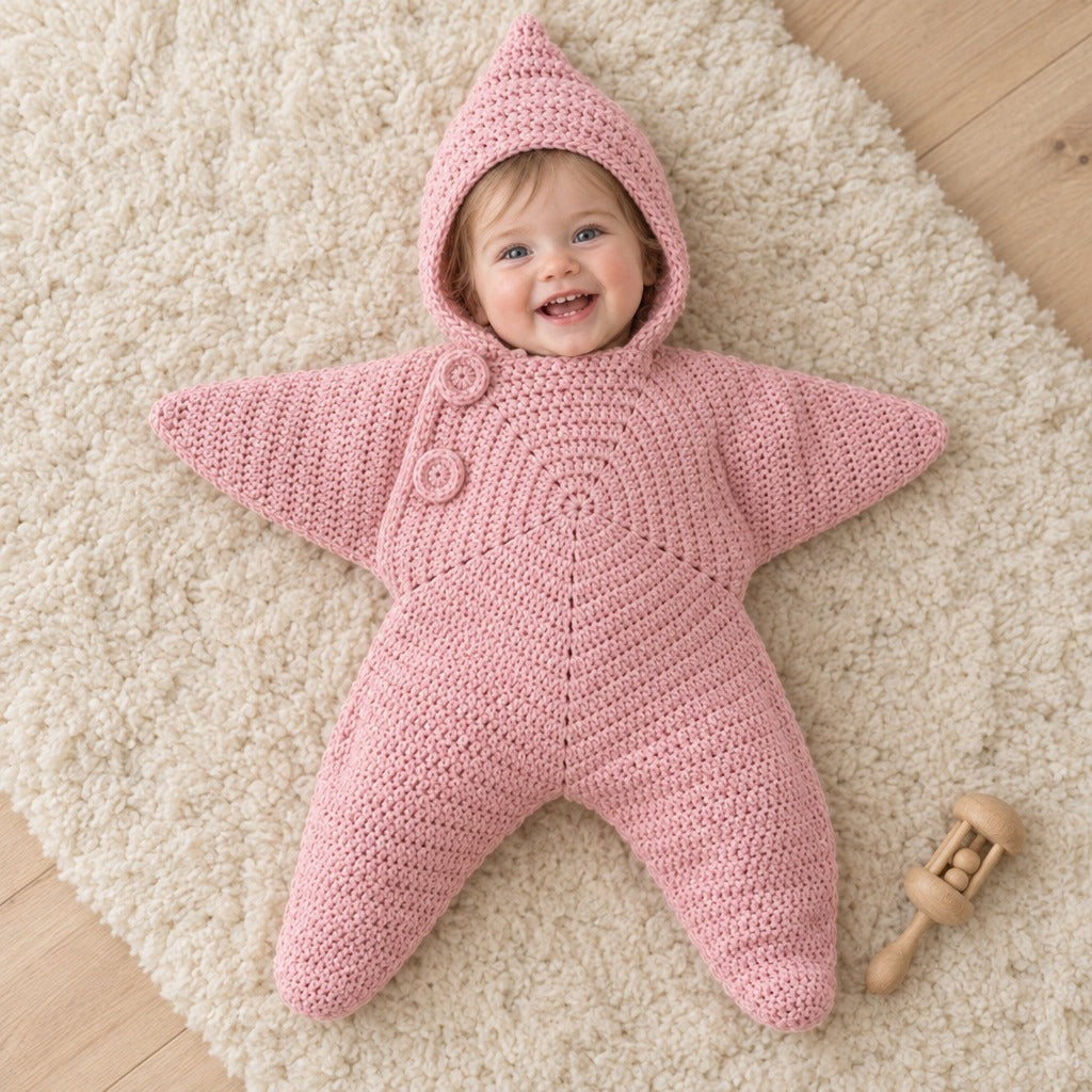 Smiling toddler wearing the pink crochet star suit on a cream rug