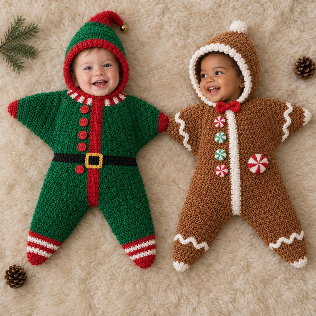 Two toddlers in the elf and gingerbread crochet star suits lying side by side