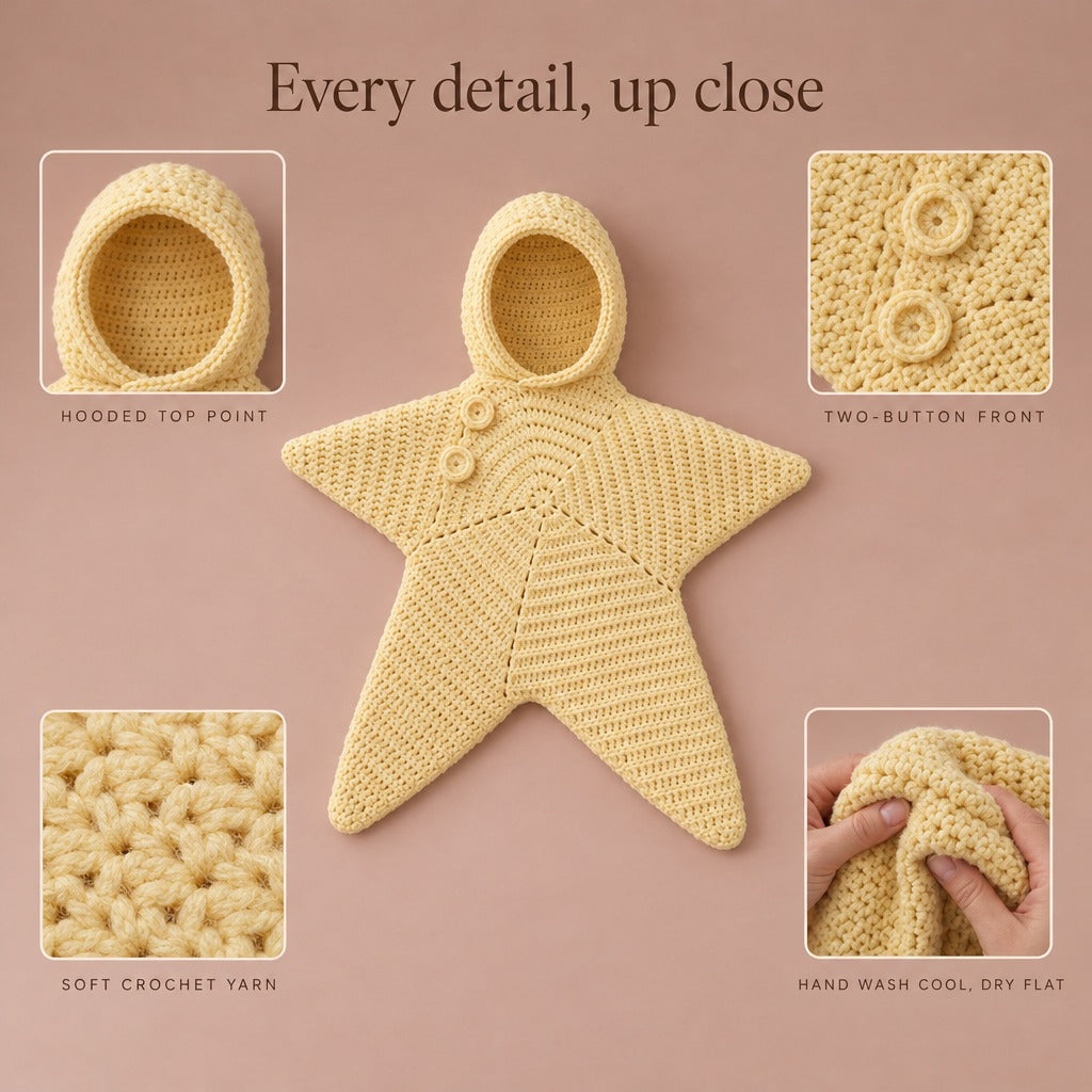 Crochet star suit details: hooded top point, two-button front, soft crochet yarn, hand wash cool and dry flat