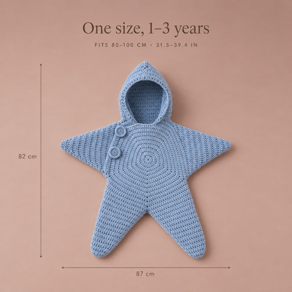 Crochet star suit size: 82 x 87 cm laid flat, one size for 1-3 years, fits 80-100 cm