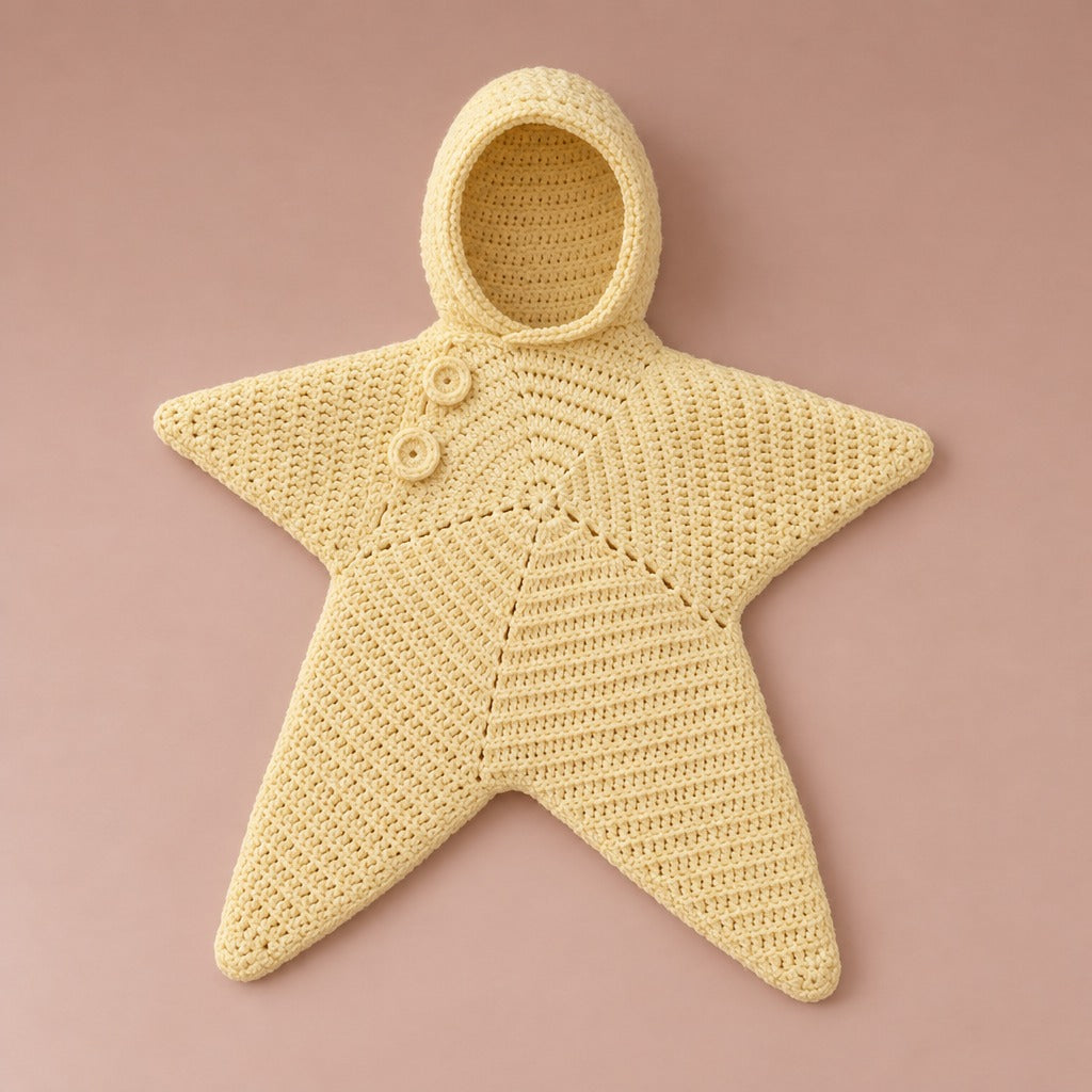 Yellow crochet star suit with hood and two buttons, laid flat